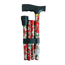 Bastón Plegable y Ajustable con Diseño de Fondo Rojo y Flores